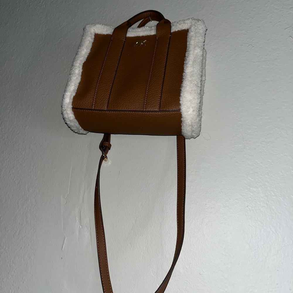 Brown Leather Crossbody Bag with Shearling Trim